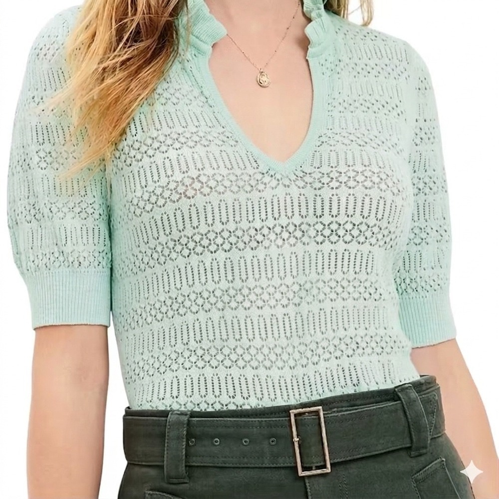 LOFT Womens Mint Green Pointelle Knit Ruffle Keyhole Neck Short Sleeve Sweater L
